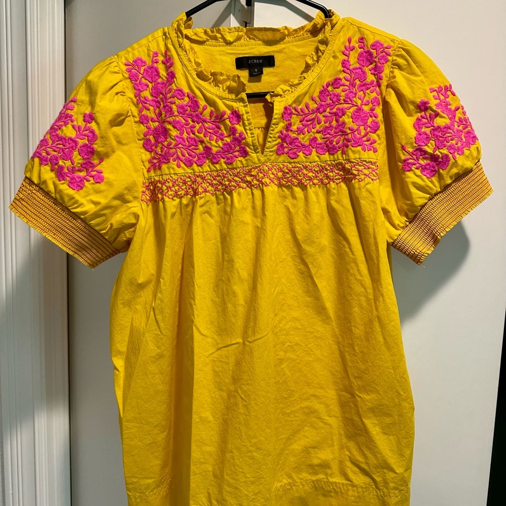 J.Crew Vibrant Yellow Top with Pink Embroidery